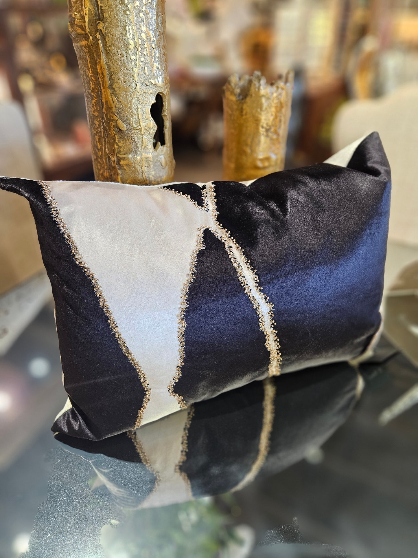 Black and Ivory Velvet Pillow with Rose Gold Beadwork