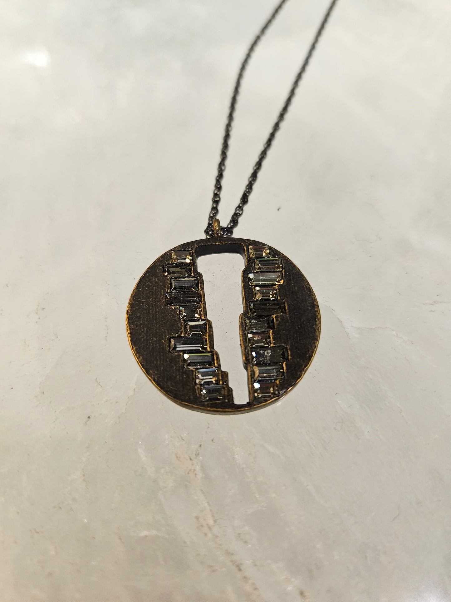 V Cut-out Round Medallion Necklace with Baguette Crystals
