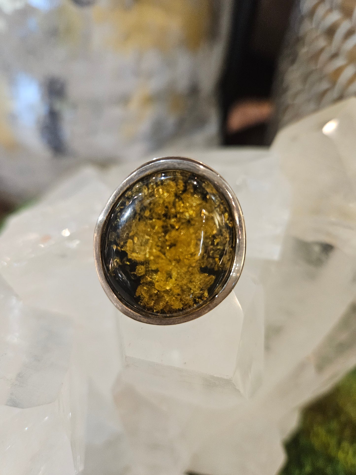 Green Amber & Sterling Silver Ring