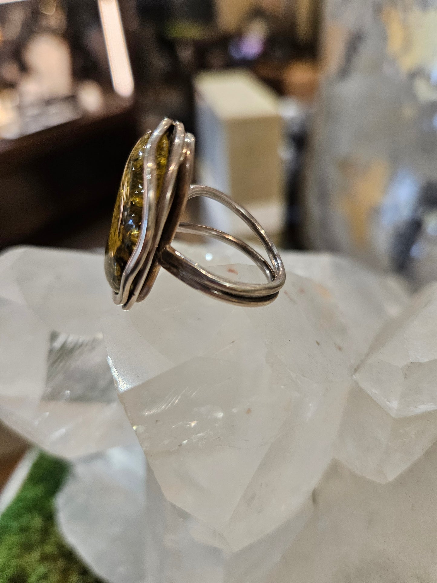Green Amber & Sterling Silver Ring