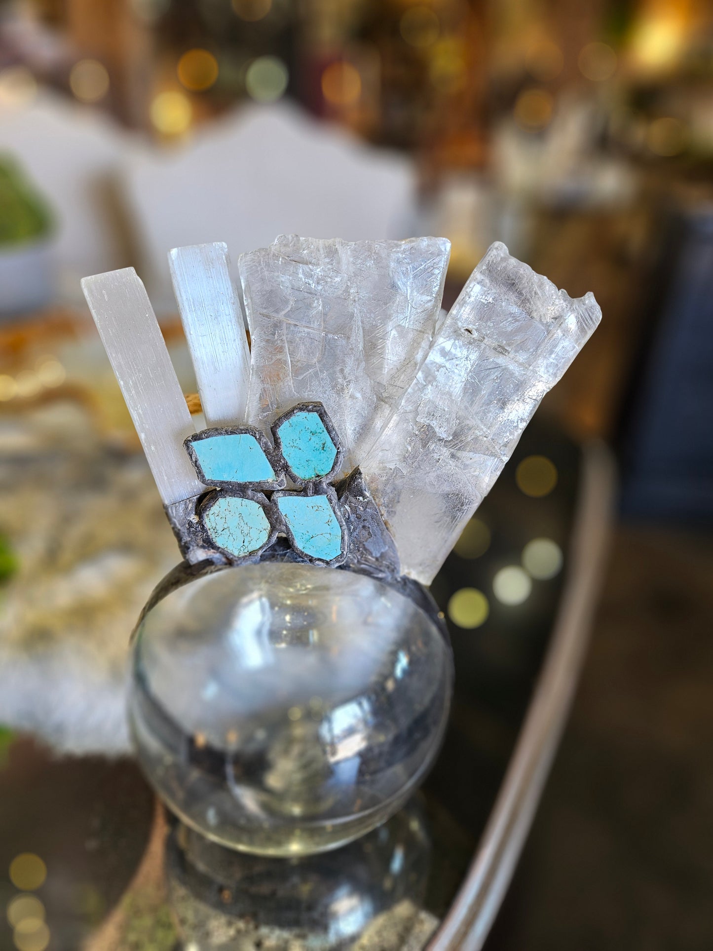 Turquoise, Selenite, and Recycled Glass Sculpture