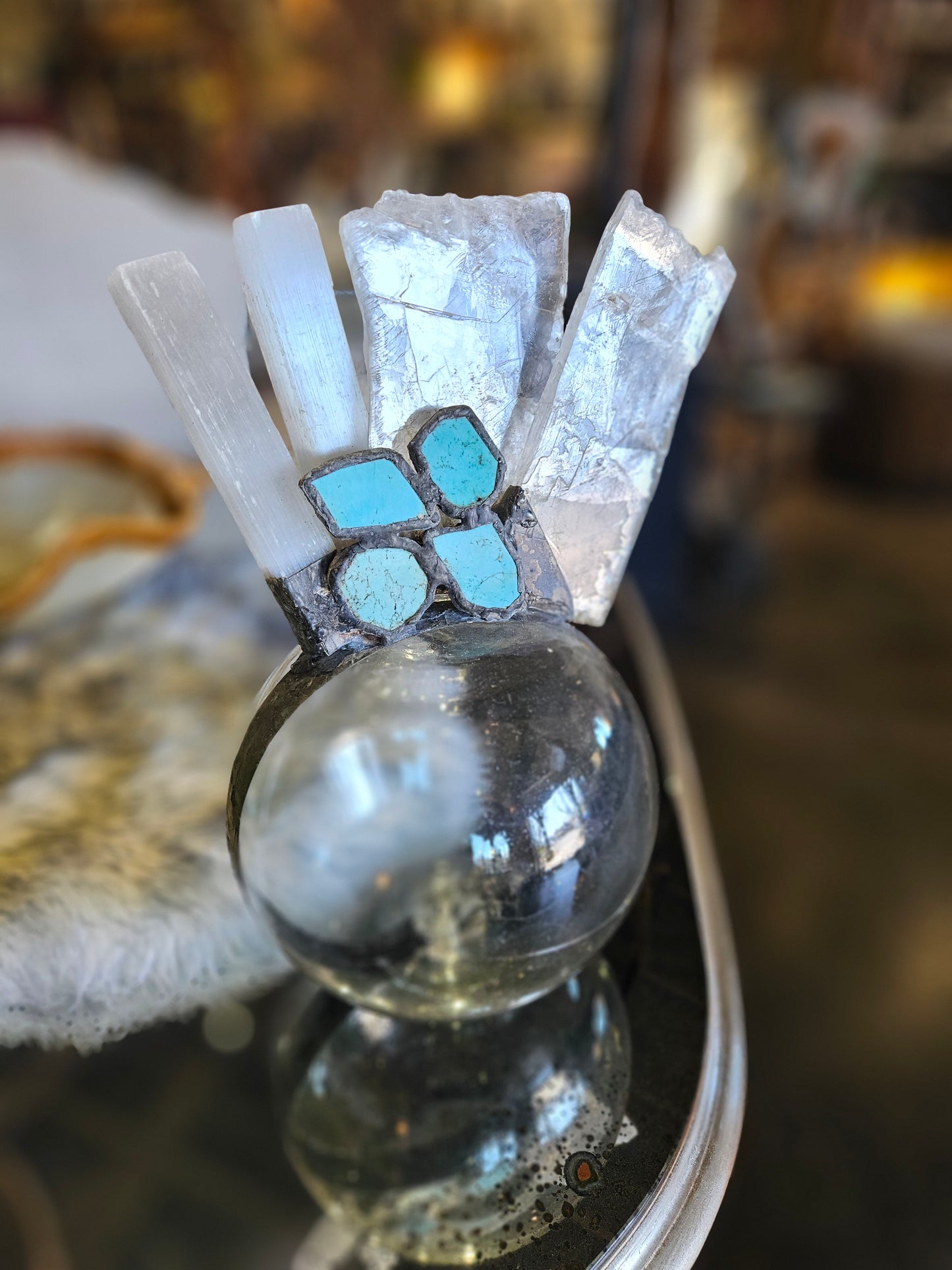 Turquoise, Selenite, and Recycled Glass Sculpture