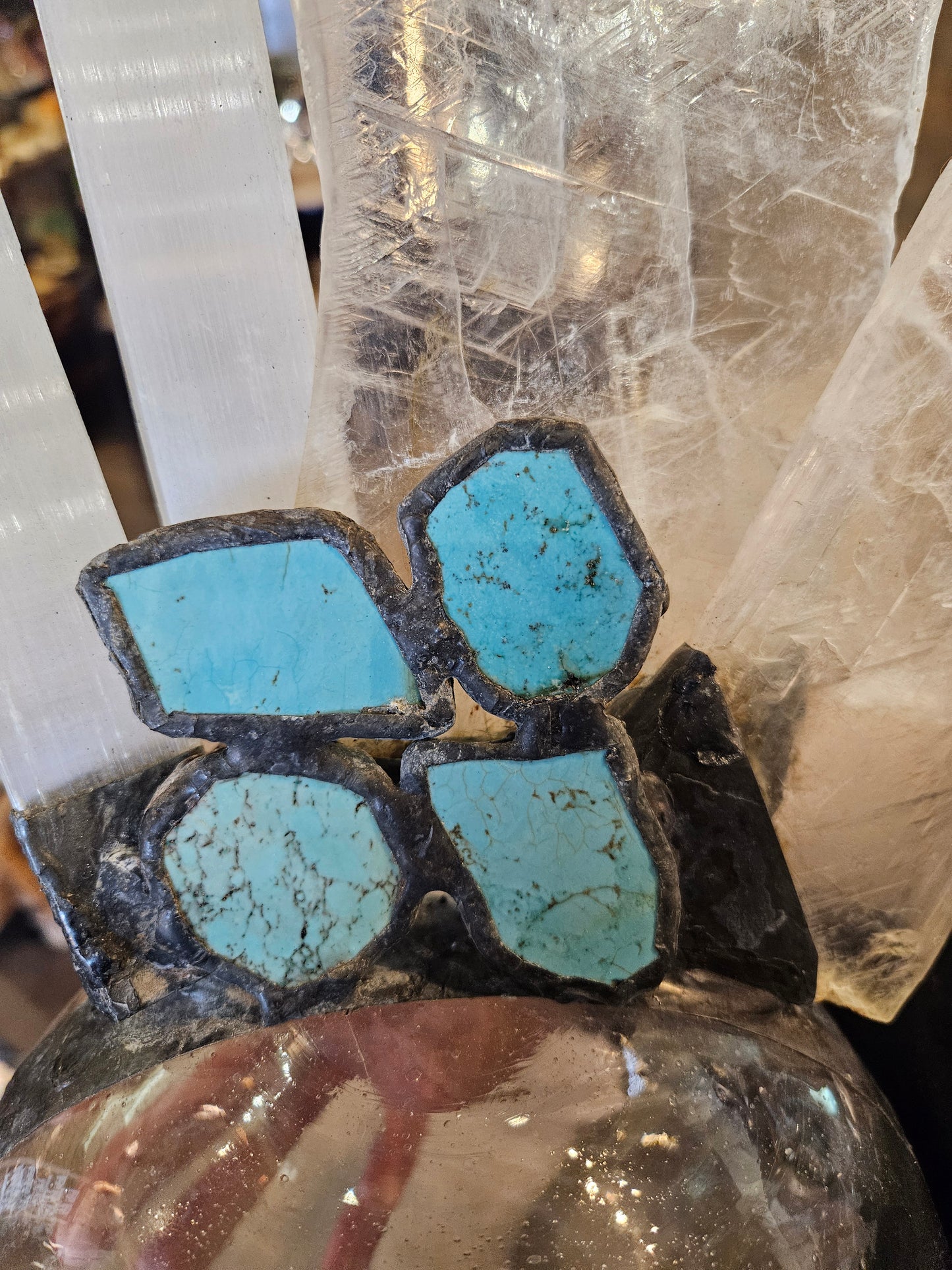 Turquoise, Selenite, and Recycled Glass Sculpture