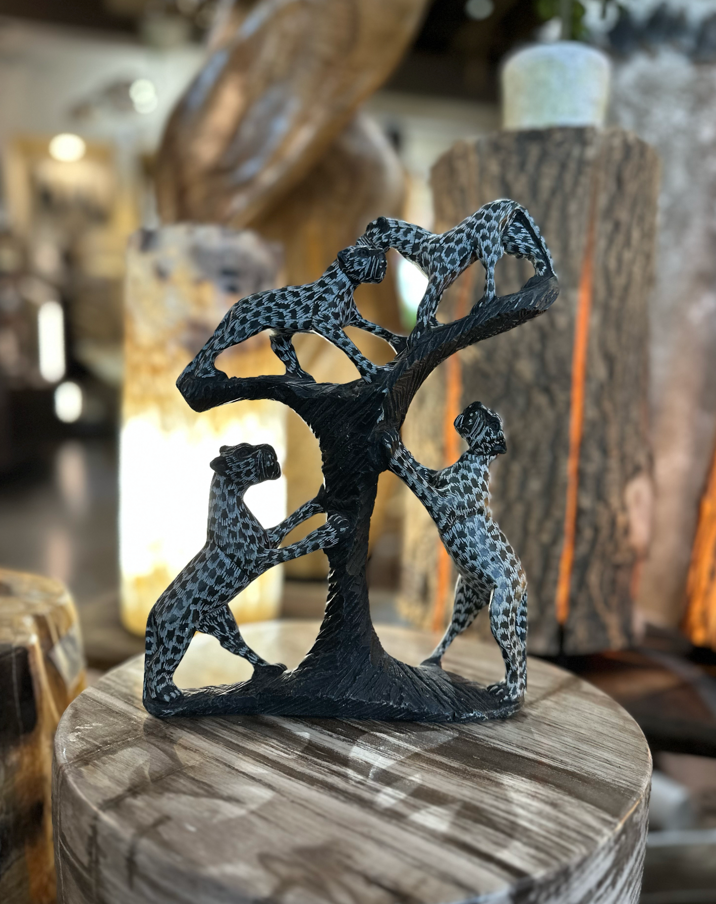 Serpentine Abstract Four Leopard Sculpture