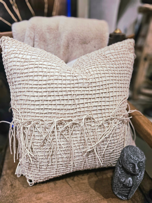 Ivory Woven Leather with Fringe Pillow