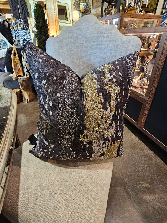 Charcoal Velvet Pillow with Gold and Pewter Beading