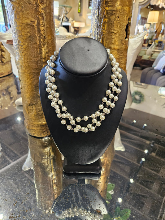 Triple Strand Glass Pearl Necklace - 18"
