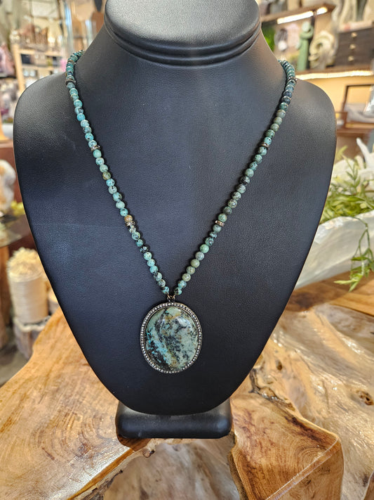 Crystal Encrusted Cabochon & African Turquoise Necklace