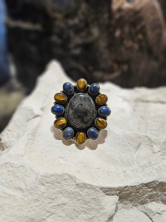 Labradorite, Tiger's Eye, Lapis, & Sterling Silver Ring