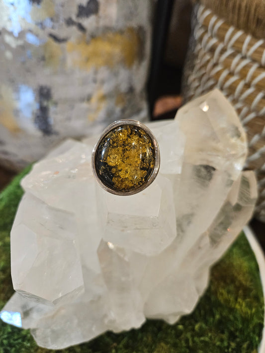 Green Amber & Sterling Silver Ring