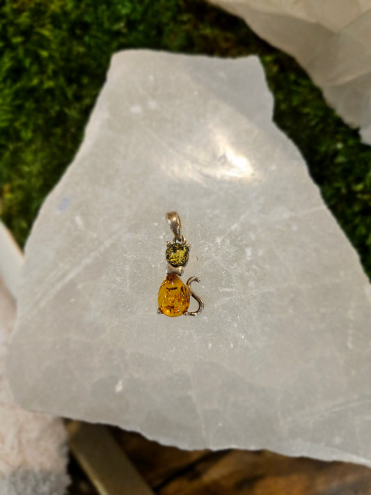 Green & Baltic Amber Cat Pendant