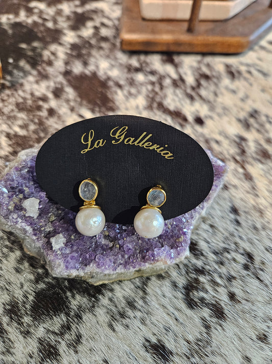 Rainbow Moonstone, Pearl, & Gold Earrings