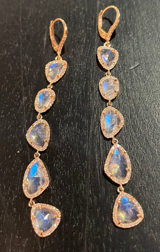 14k Rose Gold Rainbow Moonstone and Diamond Earrings